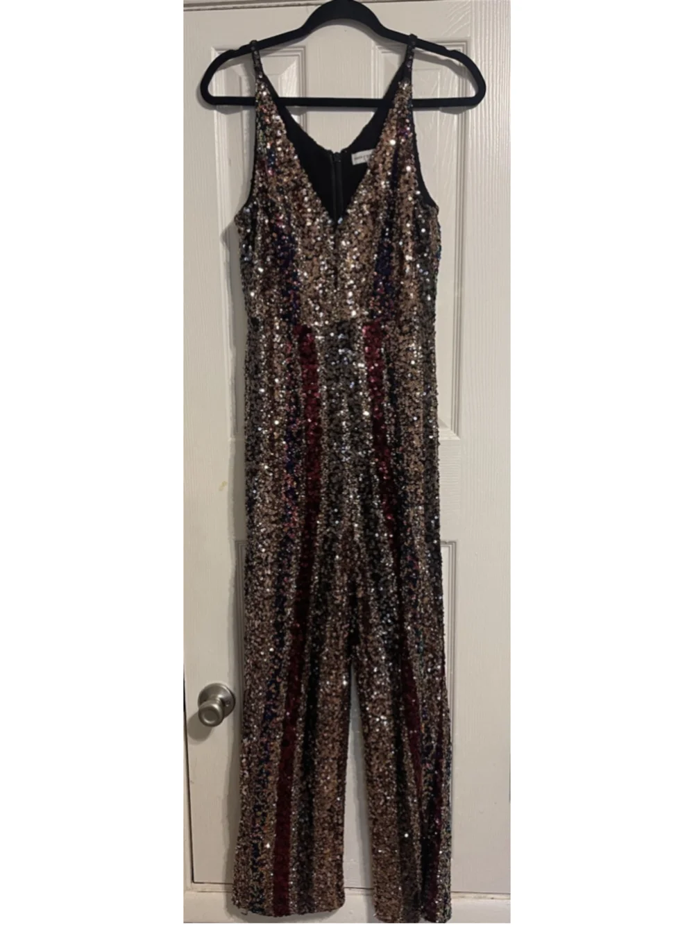 Dress The Population Charlie Rainbow Striped Sequin Wide Leg Disco Jumpsuit L